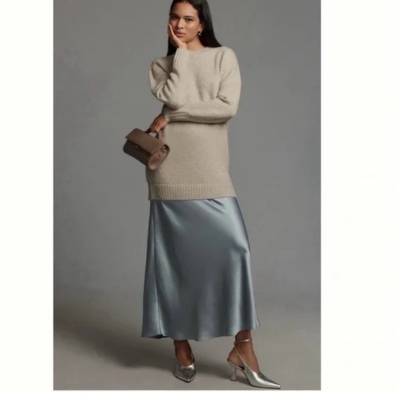 Anthropologie Cream Sweater with Blue Satin Maxi Skirt - Picture 1 of 6